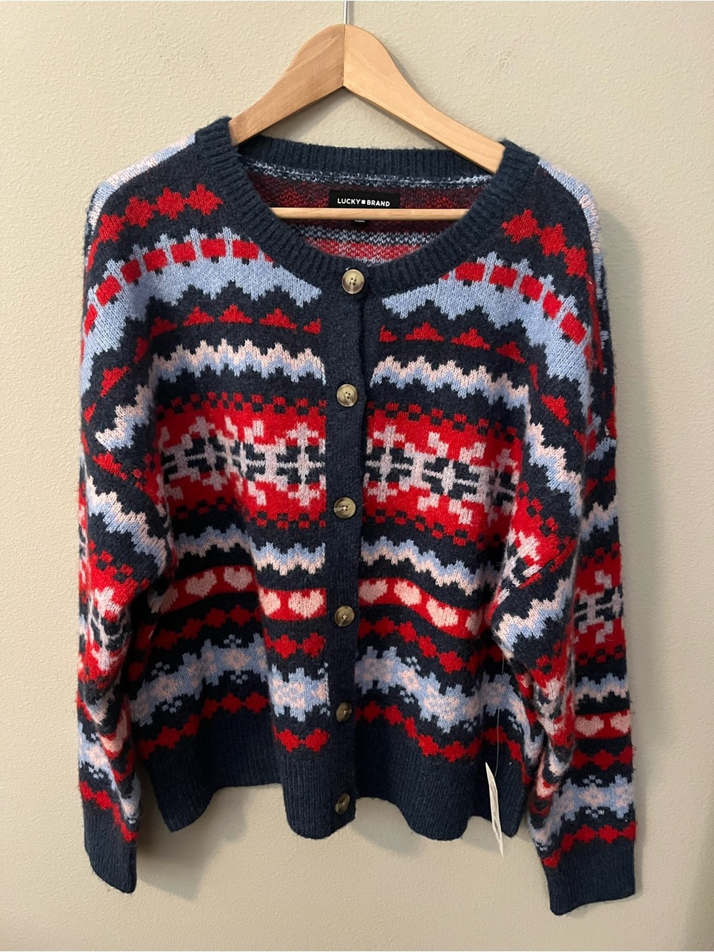 Lucky Brand Navy Fair Isle Button-Front Cardigan with Red and Light Blue NWT - Picture 6 of 11